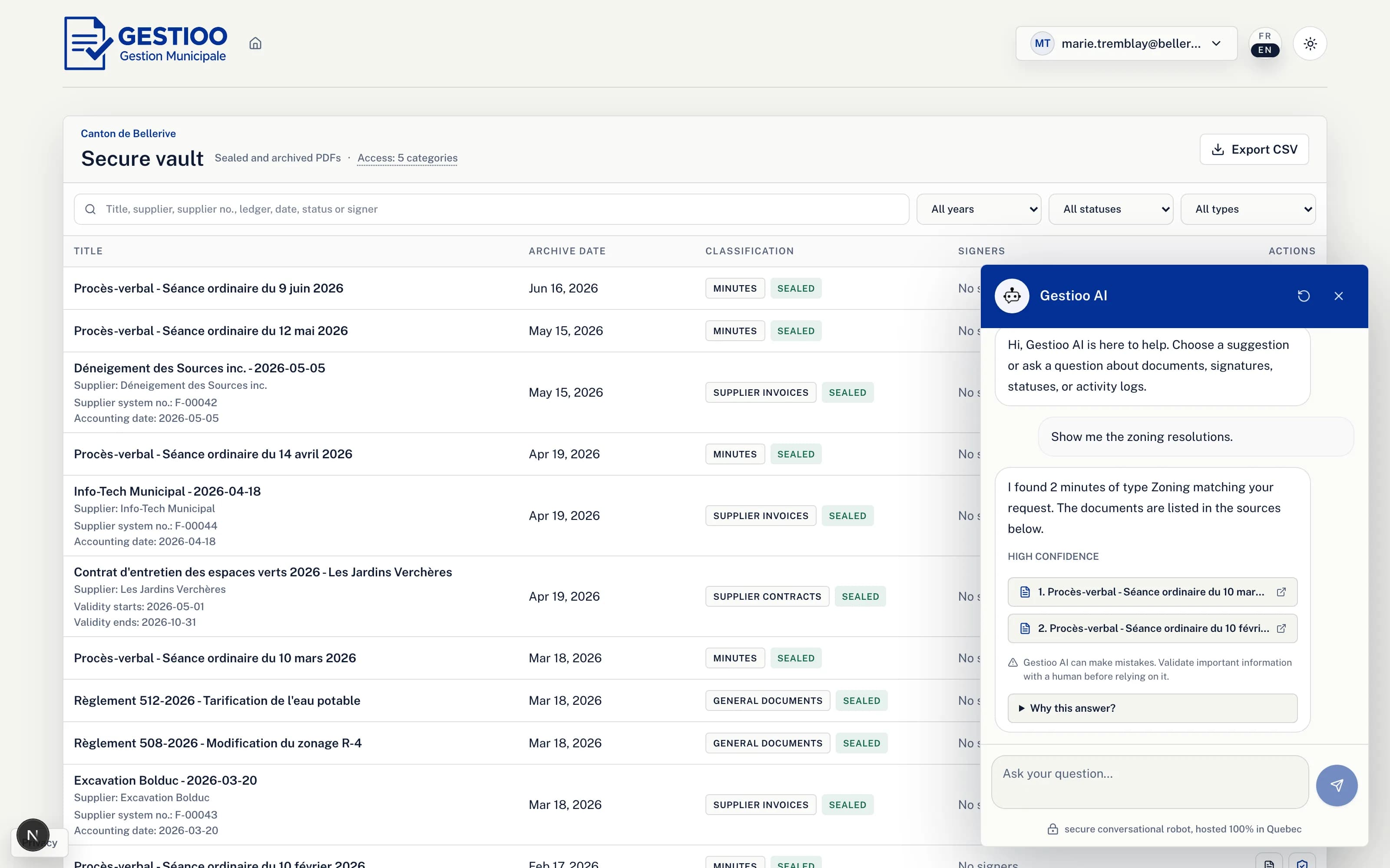 Gestioo AI answering with cited sources in the vault