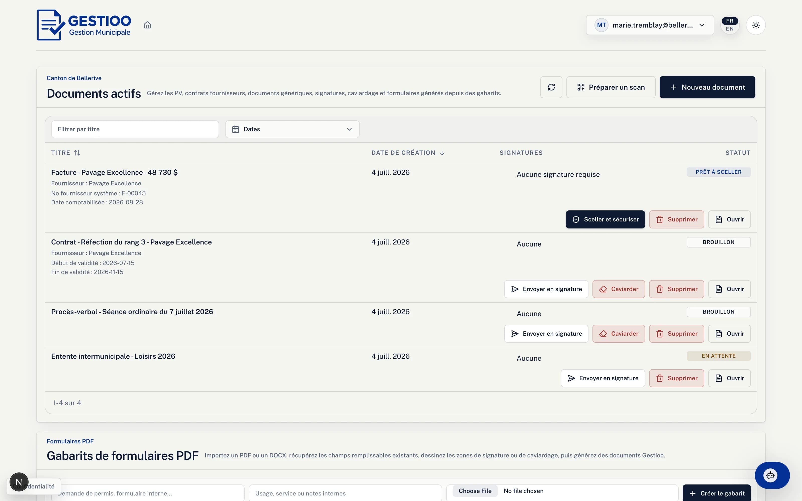 Documents actifs avec filtres par catégorie
