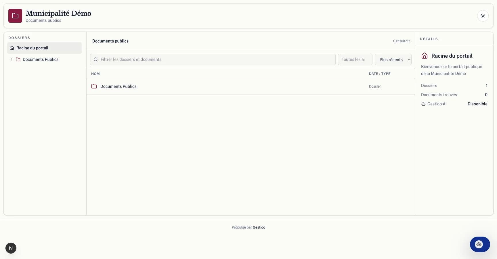 Portail documentaire public Gestioo avec navigation par dossiers et aperçu PDF